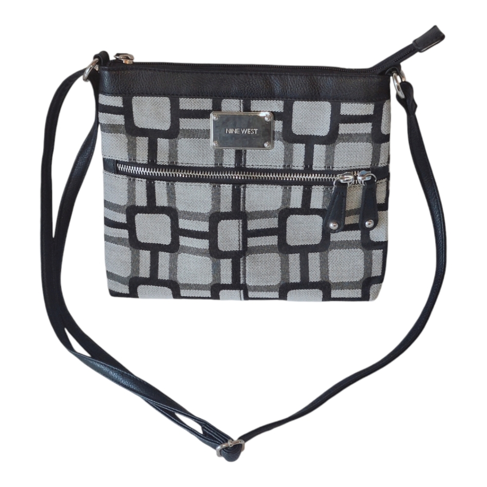 Nine West Handbag Black And Gray Geometric Pattern, Crossbody Adjustable Strap